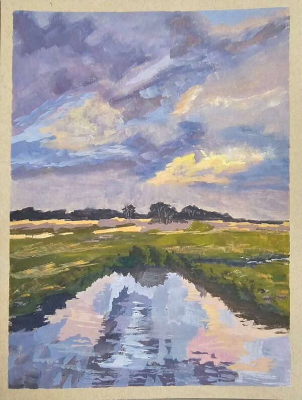 River and fields under a cloudy sky. 6x8 inches